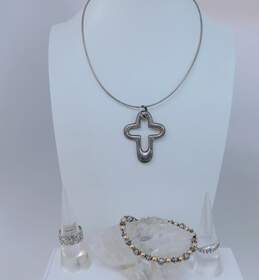 Artisan 925 Sterling Silver Cross Pendant Necklace Two Tone Beaded Bracelet & Rings 28.5g