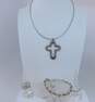 Artisan 925 Sterling Silver Cross Pendant Necklace Two Tone Beaded Bracelet & Rings 28.5g image number 1