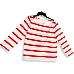 Womens Red White Striped Round Neck Long Sleeve Pullover T-Shirt Size M