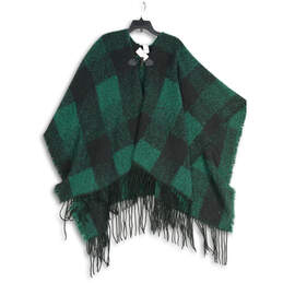 NWT Womens Green Black Plaid Fringe Hem Poncho Sweater Size O/S