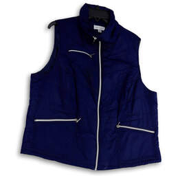 Womens Blue Regular Fit Sleeveless Mock Neck Pockets Full-Zip Vest Size 1X