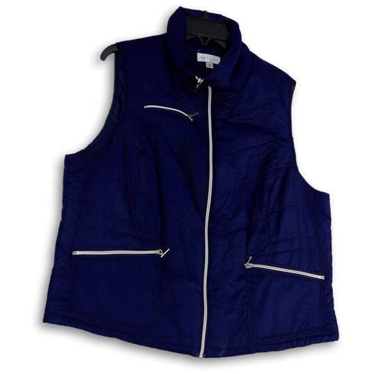 Womens Blue Regular Fit Sleeveless Mock Neck Pockets Full-Zip Vest Size 1X image number 1