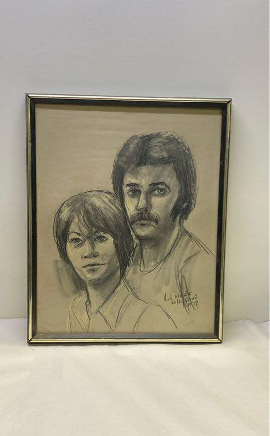 Portrait of a Couple Drawing by Bob Hicks Signed. Framed 1978 image number 1