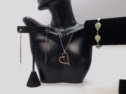 Sterling Silver Open Heart Pendant Necklace Green Guilloche Enamel Leaf Bracelet & Dangle Drop Earrings 16.8g