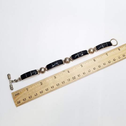 Antique Sterling Silver Onyx Inlay Hinge Panel & Dome Link 8in Toggle Bracelet 44.1g image number 3