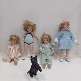 Bundle of Four Assorted Porcelain Sherly Temple Dolls with Dog