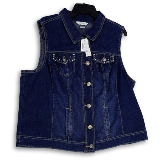 NWT Womens Blue Denim Sequin Pockets Collared Button Front Vest Size 1X image number 1