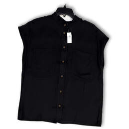 NWT Womens Black Sleeveless Front Pockets Button-Up Shirt Size L Tall