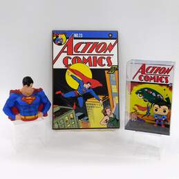 Funko Pop DC Action Comics Superman Figure w/ Comic Cover Wall Art & Coin Bank