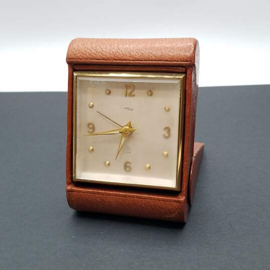 Vintage ImHof Swiss Manual Desk Clock in Pocket Leather Case image number 2