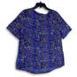Womens Blue Abstract Round Neck Short Sleeve Pullover Blouse Top Size Large image number 2