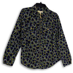 Womens Multicolor Floral Long Sleeve Collared Full-Zip Blouse Top Size M