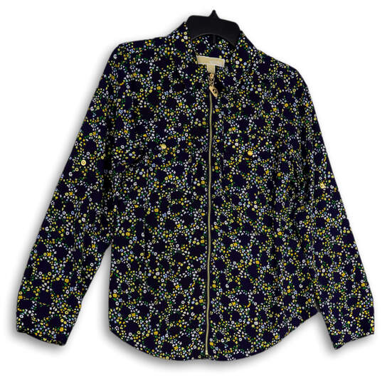 Womens Multicolor Floral Long Sleeve Collared Full-Zip Blouse Top Size M image number 1