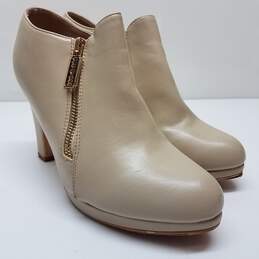 Allegra-K Platform Round Toe Chunky Heel Ankle Boot Beige Leather Size 8.5