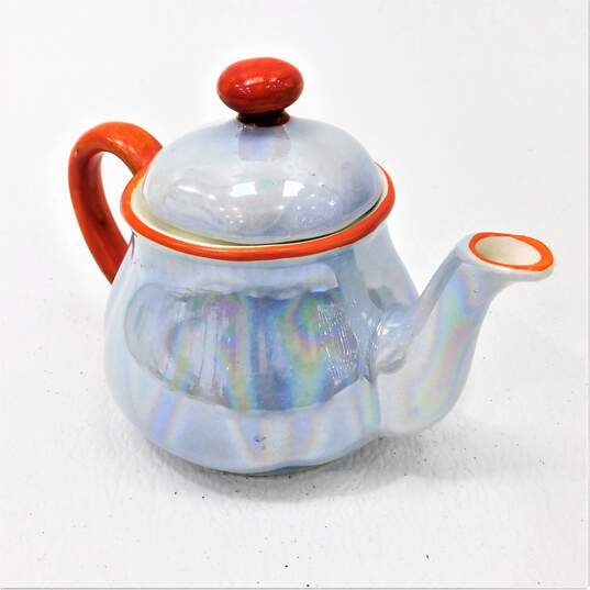 Czechoslovakia Pottery Tea Pot Creamer Sugar Lusterware Blue image number 4