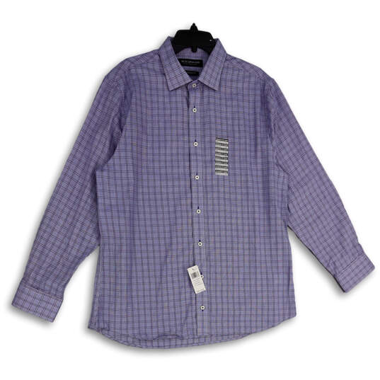 NWT Mens Purple Plaid Modern Fit Collared Long Sleeve Dress Shirt Size XL image number 1