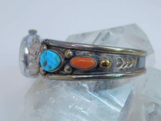 Vintage Roy Vandever Navajo 925 Turquoise Coral Hilton 17 Jewels Watch Cuff Bracelet 40.8g image number 3