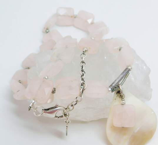 Peyote Bird 925 Faceted Rose Quartz Square & MOP Shell Pendant Beaded Necklace image number 4