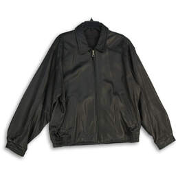 Mens Black Leather Collared Long Sleeve Full-Zip Bomber Jacket Size 42