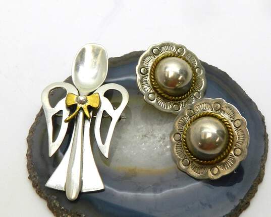 Mexico & Artisan 925 & Brass Accented Rope Dome Stamped Post Earrings & Angel Spoon Pendant Brooch 24.3g image number 1