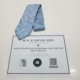 AUTHENTICATED Gucci Powder Blue Monogram Logo Silk Mens Neck Tie