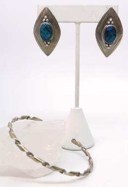 (G) Artisan 925 Faux Abalone Geometric Earrings & Twisted Cuff Bracelet 16.9g