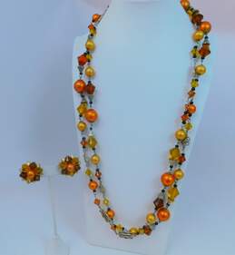 Vintage Goldtone Yellow & Orange Crystals & Faux Pearls Beaded Necklace & Matching Cluster Clip On Earrings 114.5g