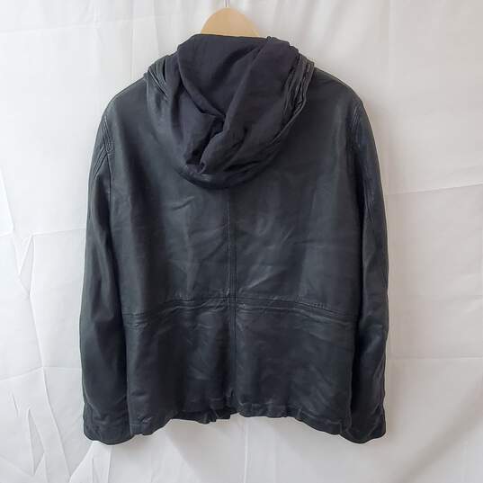 Barneys New York Hooded Black Leather Jacket Size 48 image number 2