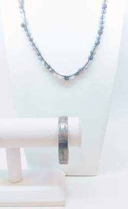 Artisan 925 Faceted Grey Banded Agate Beaded Cord Necklace & Textured Abstract Designs Cuff Bracelet 51.8g