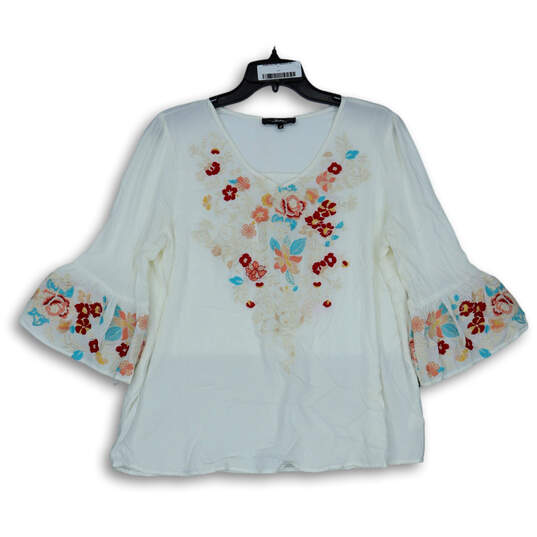 Womens White Floral Long Bell Sleeve V-Neck Sheer Blouse Top Size Large image number 1