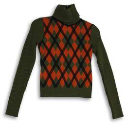 Red Valentino Womens Orange Green Argyle Turtleneck Pullover Sweater Size XS