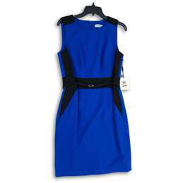 NWT Calvin Klein Womens Blue Black Round Neck Sleeveless Sheath Dress Size 8