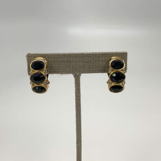 Designer Swarovski Gold-Tone Black Stone Crystal Clip On Stud Earrings image number 1