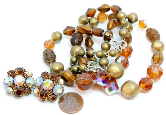 Vintage Laguna Brown & Amber Color Beaded Double Strand Necklace & Fashion Aurora Borealis Clip-On Earrings 63.1g image number 6