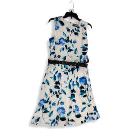 Womens White Blue Floral Sleeveless Waist Belted A-Line Dress Size 10