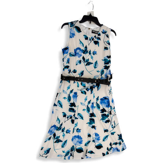 Womens White Blue Floral Sleeveless Waist Belted A-Line Dress Size 10 image number 1