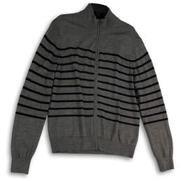 Mens Gray Black Striped Long Sleeve Mock Neck Full-Zip Sweater Size Medium