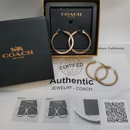 COACH Authentic Gold Tone Enamel 1.5in Hoop Earring Bundle 2pcs W/C.O.A & Box 18.7g