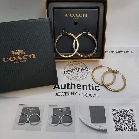COACH Authentic Gold Tone Enamel 1.5in Hoop Earring Bundle 2pcs W/C.O.A & Box 18.7g image number 1