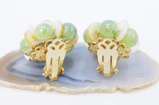 Vintage Alice Caviness Green Glass & Mother Of Pearl Clip Earrings 12.8g image number 2