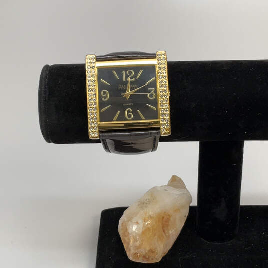 Designer Joan Rivers Gold-Tone Leather Strap Rhinestone Analog Wristwatch image number 1