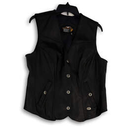 Womens Black Sleeveless V-Neck Pockets Button Front Motorcycle Vest Size L