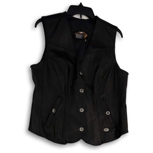 Womens Black Sleeveless V-Neck Pockets Button Front Motorcycle Vest Size L image number 1