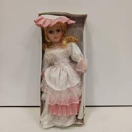Vintage 15.56" Girl Porcelain Doll in Pink Dress with Stand