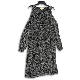 Womens Black White Leopard Print Tie Neck Smocked Waist A-Line Dress Sz XL