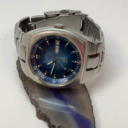 Designer Fossil Silver-Tone Blue Round Dial Chain Strap Analog Wristwatch