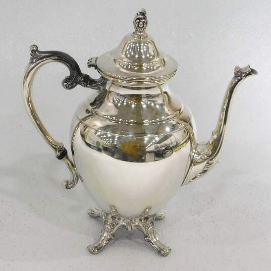 WM Rogers Silver Plate Teapot Creamer Sugar W/ Serving Trays & Candle Holder image number 2