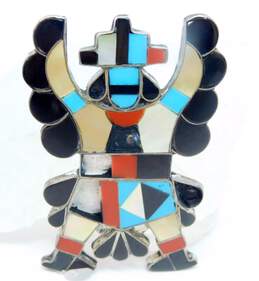 Artisan Zuni Snake Signed 925 Southwestern Faux Turquoise & Coral Mother of Pearl & Onyx Inlay Kachina Dancer Statement Brooch 13.2g