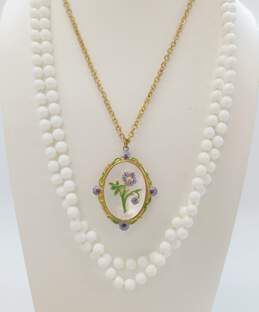 VNTG White Milk Glass, Enamel & Mixed Materials Floral Layering Jewelry Lot alternative image