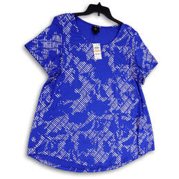 NWT Womens Blue Abstract Round Neck Short Sleeve Pullover Blouse Top Sz 2X